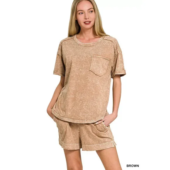 Zenana Halo Snow Washed Exposed Seam Top & Shorts Set