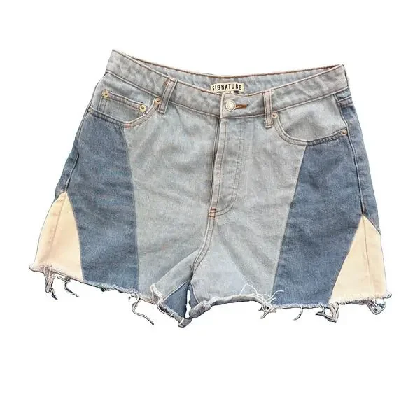 Signatur8 Size Medium Patchwork High waisted Button Fly Shorts denim Chambray