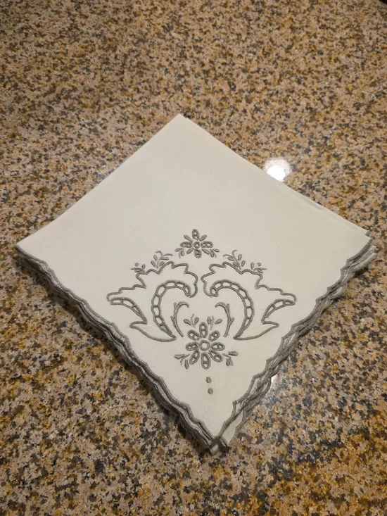 Vintage Italian Linen Table Napkins With Floral Embroidered Cut Out Designs- 6