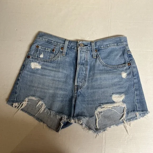 Levis 501 Shorts Womens 27 Blue Button Fly Cut Off Denim High Rise Distressed