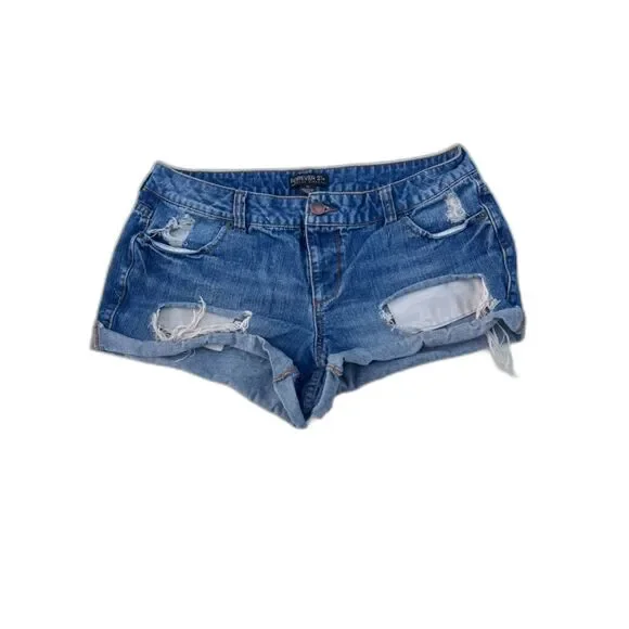 FOREVER 21+ WOMENS CUTOFF‎ SHORTS SIZE 12 ROLLED CUFF DENIM BLUE DISTRESSED