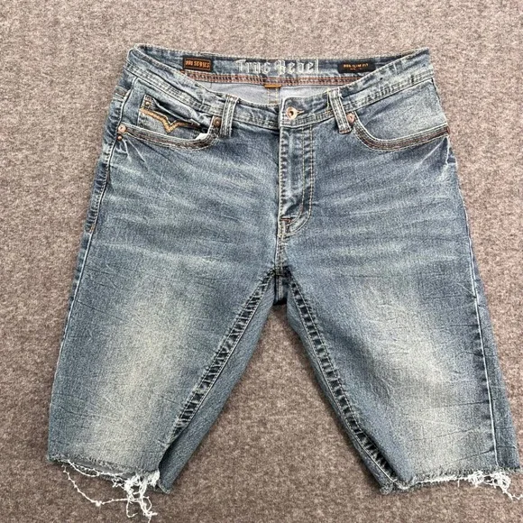 True Rebel 808 Slim Fit Denim Shorts Blue Distressed Cut Off 900 Series 34W