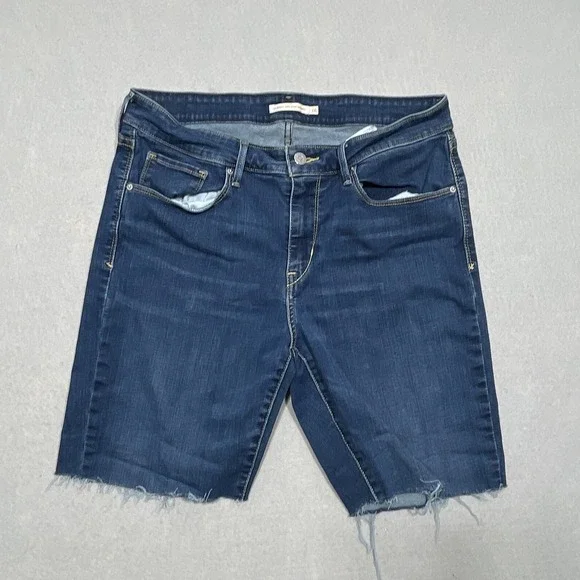 Levis Classic Mid Rise Cut Off‎ Shorts Women 16 Raw Hem Dark Blue Denim Casual