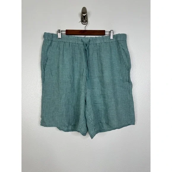 Eileen Fisher Green Gingham 100% Organic Linen Drawstring Shorts Womens XL