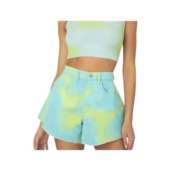WeWoreWhat Jean Shorts Blue Green Tie Dye Wide Leg Flare Bell Denim‎ 26