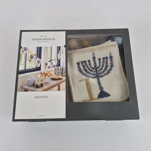 Threshold Hanukkah Menorah Banner 6ft Embroidered Fabric Pom Pom Garland Ivory