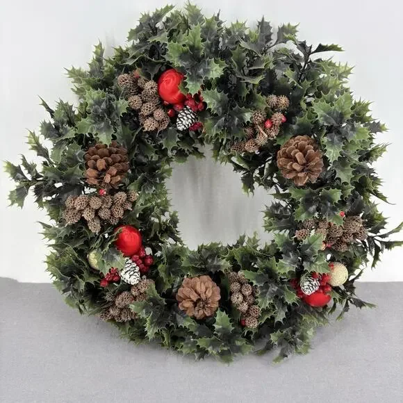 Vintage Holiday Christmas Door Wreath Plastic Evergreen Leaves Holly Berries MCM
