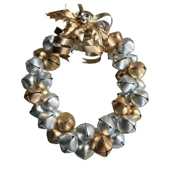 Silver & Gold jingle bells wreath hanging cord Holly decor