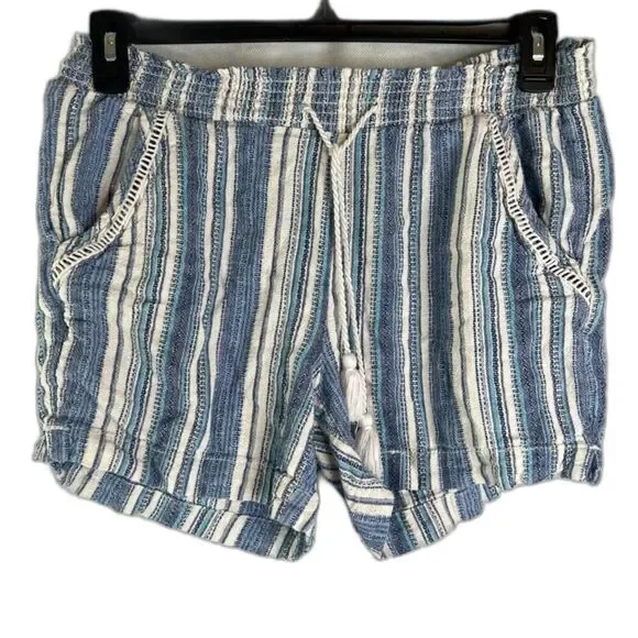 Briggs Linen Blend Blue White‎ Vertical Striped Pull On Drawstring Shorts Sz MD