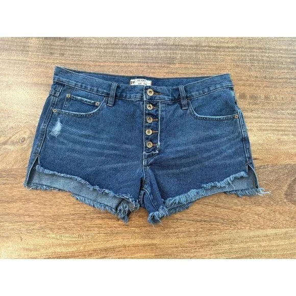Free People Shorts Womens 29 Blue Denim Button Fly Cutoff Frayed Hem Distressed