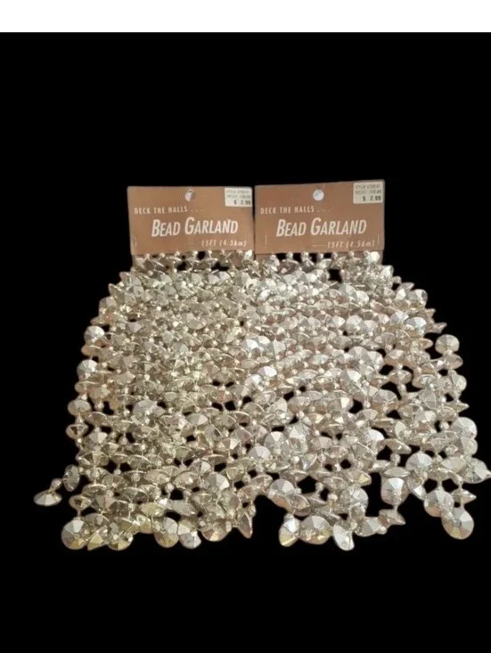 2 Vintage Santa's Best 15 Ft Silvertone Beaded Garland