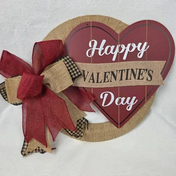 Happy Valentine's Day Heart Sign Burlap Wreath Red Bow Wooden Door Hanger Decor