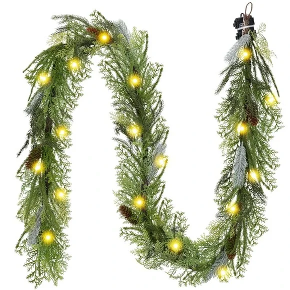 Christmas Garland 9Ft with Warm White LED Lights Pine Cones and‎ Berries