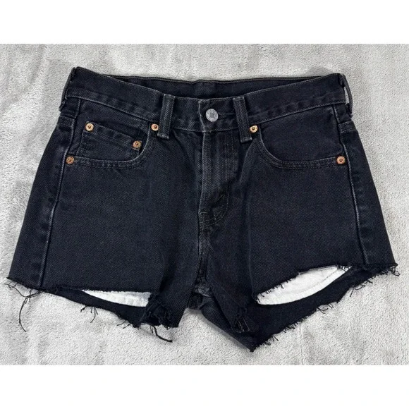 Levis 550 Denim Shorts Womens 12 Reg 26 Black Excellent Frayed Raw Hem Cutoff‎