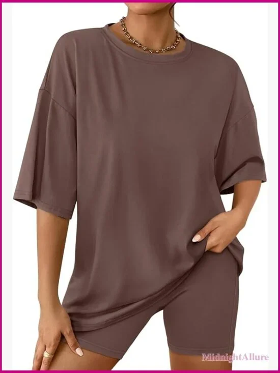 Women's 2 Piece Lounge Set - Oversized Tee & Biker Shorts