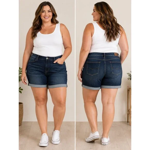 Kut From The Kloth Katy Boyfriend Shorts Womens 18W Dark Wash Rolled Cuff