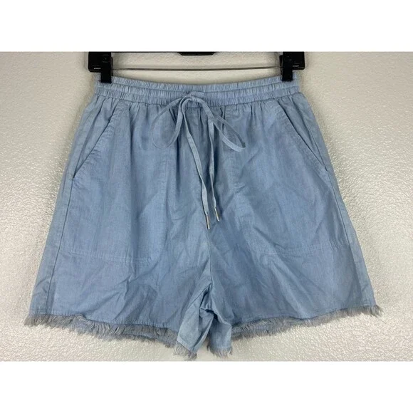 Cotton Bleu Women Small Light Blue Shorts Drawstring Fringe Hem Casual Loose