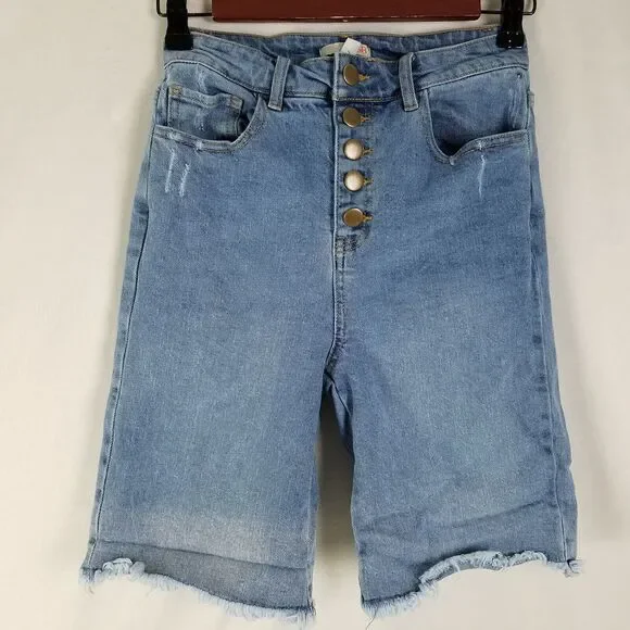 GB Denim Shorts Juniors 5‎ Blue Jean High Rise Button Fly Distressed Frayed
