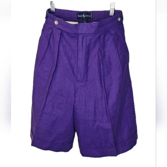 Vtg 80s Polo Ralph Lauren Linen Pleated Cuffed Long Shorts Sm 6 26/8.5