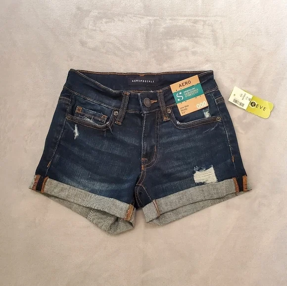 Aeropostale Women's Low Rise Shorty Blue Cuffed Denim Shorts Size 000 NWT