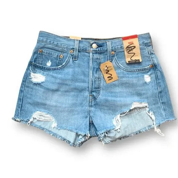 Levis 501 Distressed Cutoff Denim Shorts Medium Wash NWT 28 Inch Waist Boho
