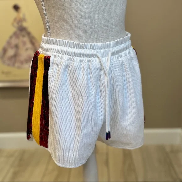 New! QUEEN OF SPARKLES Full Sequin White Shorts with Red and Yellow Stripes