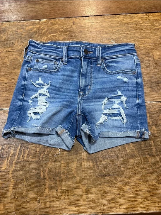 American Eagle Outfitters high‎ rise shortie sz 2 Distressed Blue Denim Shorts