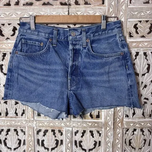 AGOLDE Parker High Waist Distressed Denim Cut Off Shorts Med Wash Blue Size 25