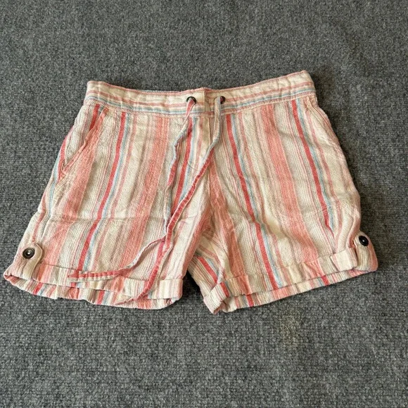 Per Se Linen Blend Striped Shorts Womens‎ Small Coral Blue Cuffed Drawstring