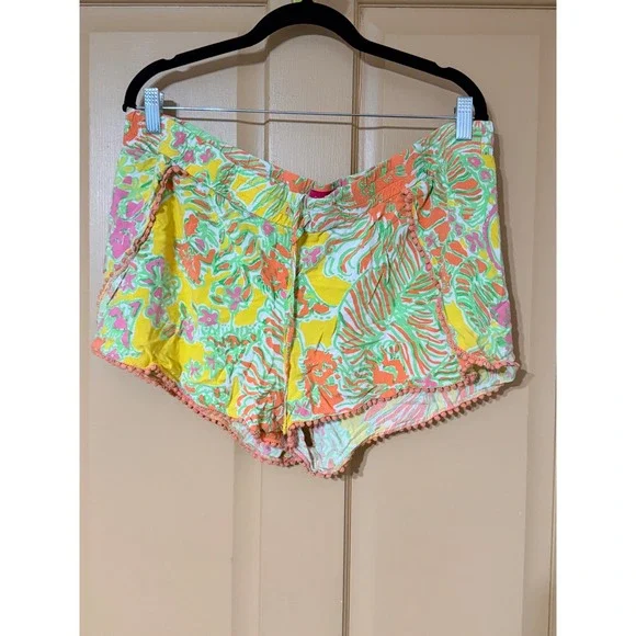 Lilly Pulitzer for Target Tropical Floral Pom Pom Trim Shorts Yellow Pink XL