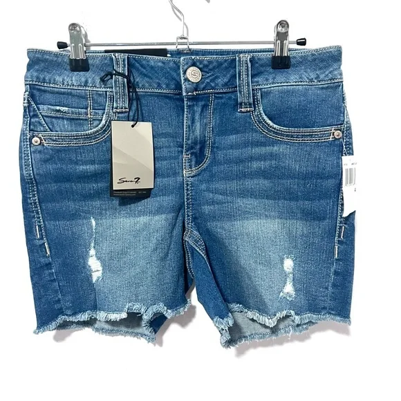 7 For All Mankind Blue Distressed mid rise stretch Jean Shorts 4‎