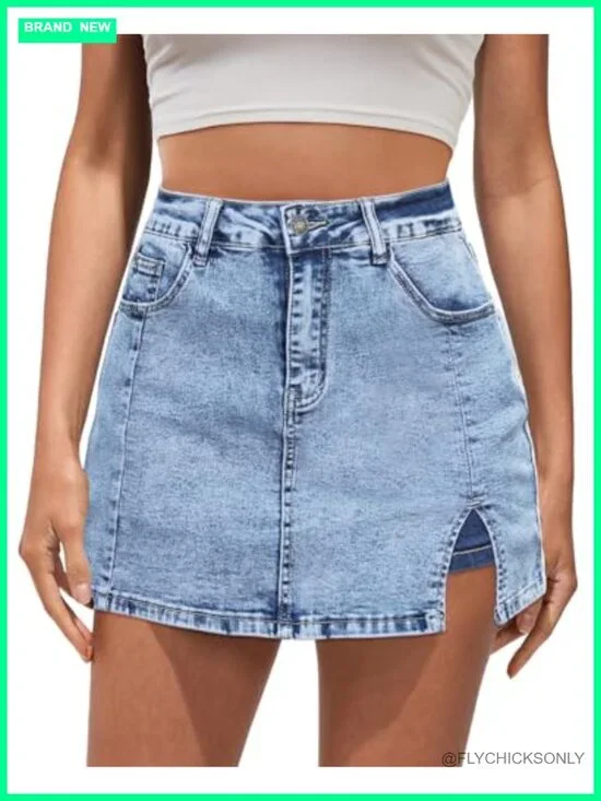 High Waisted Denim Skort with Slit Stretchy Y2K Summer Skirt Shorts