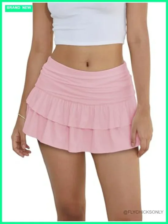 Y2K Ruffle Tiered Low Rise Fold Over Skort with Built-In Shorts