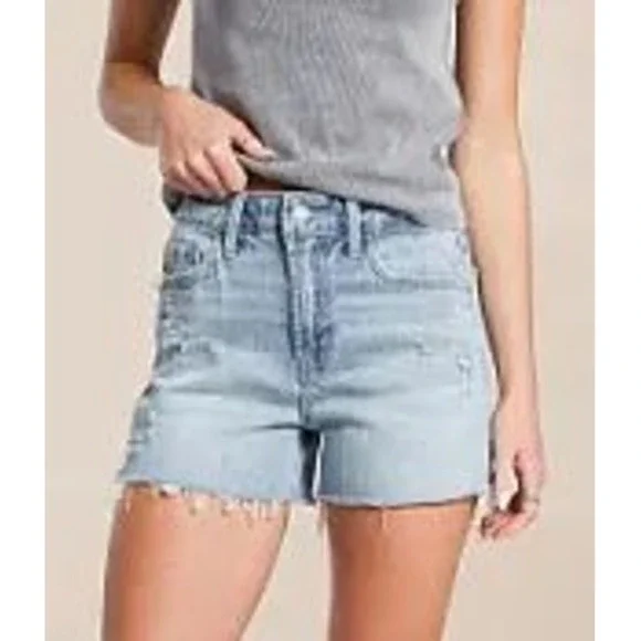 Flying Monkey Distressed High Rise Denim Shorts Light Wash Frayed Hem‎ Womens
