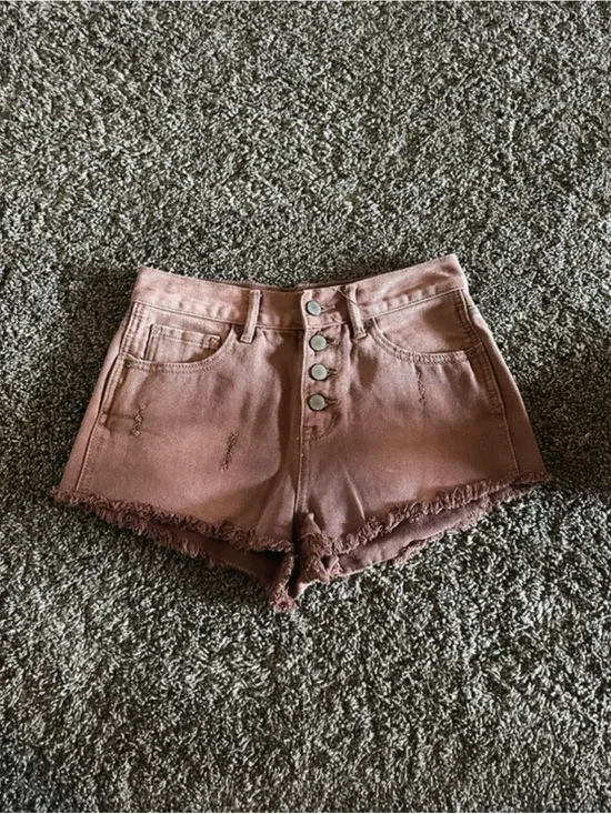 Bullhead Mauve/Pink High-Rise Button-Front Jean Shorts