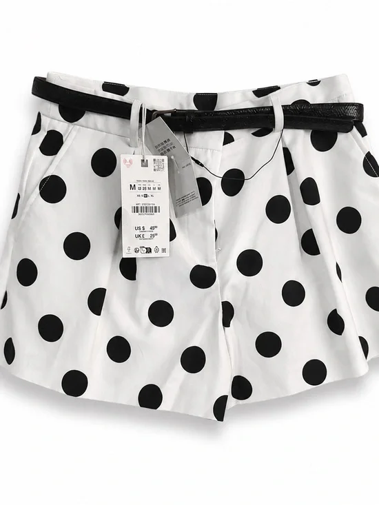 Zara White Polka Dot High-Waist Shorts with Black Belt