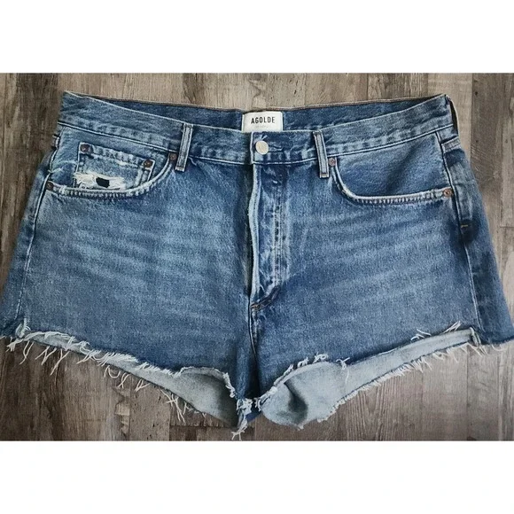 AGOLDE Denim Shorts Women 32 Blue Parker High Rise Cut Off Frayed Hem Button Fly
