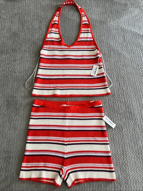 NWT Old Navy Red Striped Knit High Rise Ribbed Shorts & Halter Crop Top Set