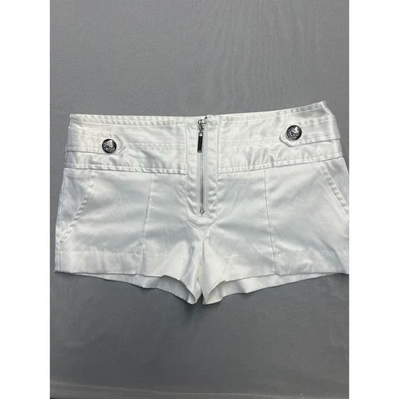 Star Style White Satin Exposed Zip Hot Pants Mini Shorts Silver Buttons Size 3