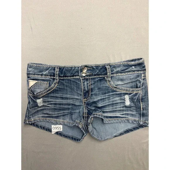 YMI Womens Denim Shorts Medium Wash Distressed Low Rise Contrast Stitch Size 7/8