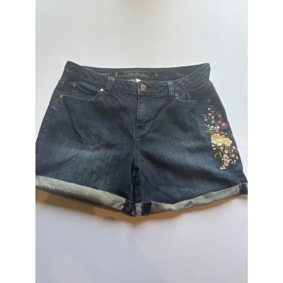 Jennifer Lopez Women's Dark Blue Embroidered Denim Roll-Cuff Shorts Size 8
