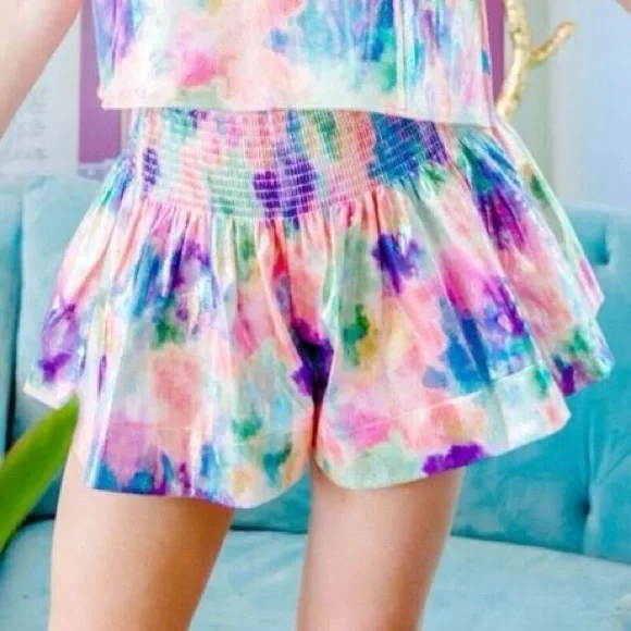 Queen of Sparkles rainbow tie dye smocked party‎ club shorts size xs