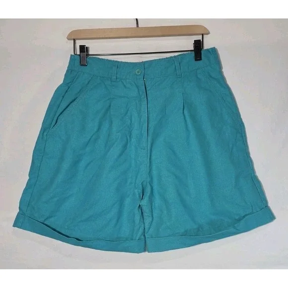 90s JVC Collection Pleated Mom Shorts‎ 10 Turquoise Teal High Rise Ramie Elastic