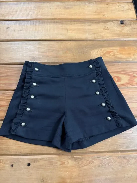Club Monaco Black High Rise Sailor Shorts Ruffle Gold Buttons Size 2