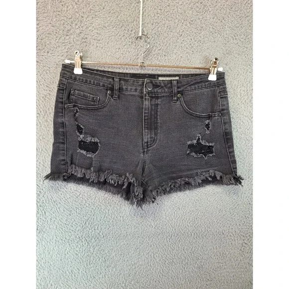 Aeropostale High Waisted Shorty Womens 10 (Fits 33W) Black Denim Cutoff Distress