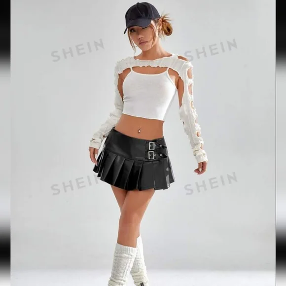 SHEIN ICON Buckle Detail Pleated Hem PU Leather Skort SIZE 6