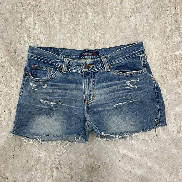 American Eagle Shorts Womens 6 Blue Denim Jean Cut Offs Distressed Slit Y2K Fade