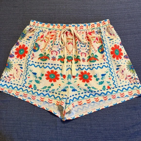 Flying Tomato Boho Floral Geometric Tile Print Tassel Drawstring Shorts Medium