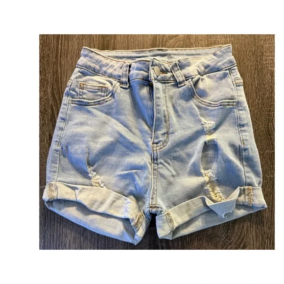 SHEIN Petite‎ XS Light Wash Distressed Denim Shorts Rolled Cuff High Waist