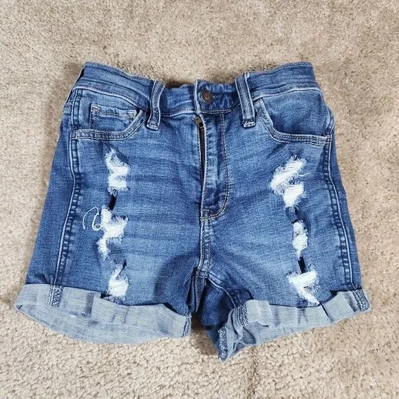 HOLLISTER Short Denim Women's Cuffed Blue Sz 00 W23 High Rise Stretch #396